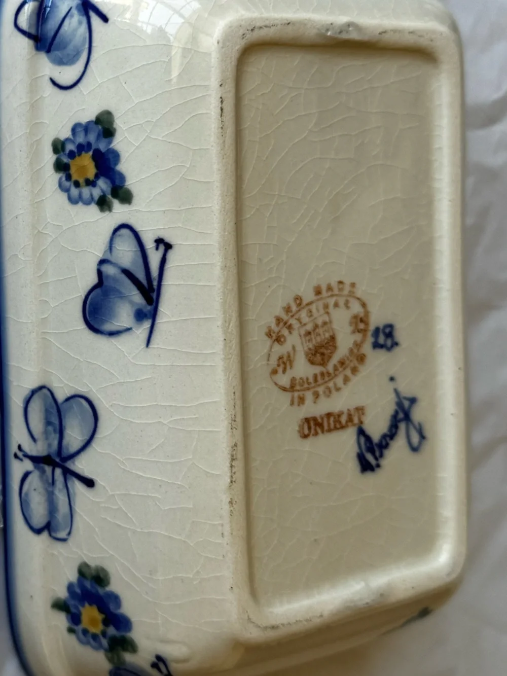 Vintage Polish Pottery Unikat Ceramic Butterfly Baking Dish in Blue